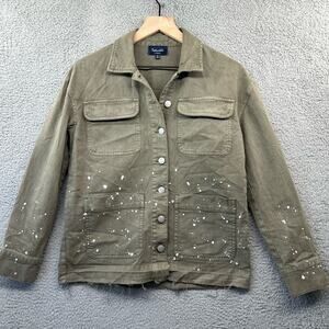 SPLENDID Paint Splatter Denim Jacket XS Olive Green Brown Utility Artsy Gorp